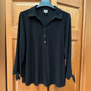 Anne Klein Black Long-Sleeve Polo Top with Tie Cuffs